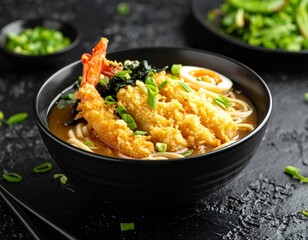 AI-generated illustration of a steaming bowl of shrimp tempura udon noodles.