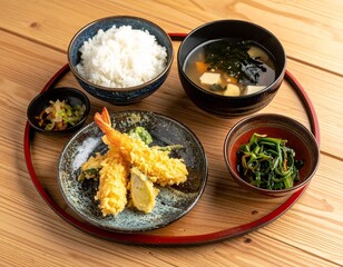 AI-generated illustration of a traditional Japanese meal featuring tempura, rice, miso soup