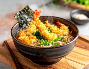 AI-generated illustration of a steaming bowl of udon noodles topped with tempura shrimp, seaweed