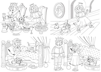 The Frog Prince. Fairy tale. Illustration for children. Coloring page. Cute and funny cartoon characters