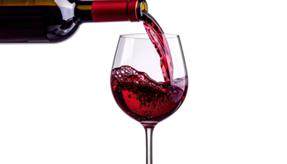 Red wine being poured into a wine glass.  Dark background highlights the red liquid and glass.  Wine bottle visible.  Pouring action creates  bubbles and a splash