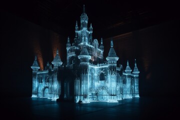 A digital castle built entirely from light, glowing softly in the darkness 