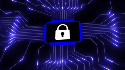 Secure digital network with glowing circuit board and padlock icon security. Lock icon with circuit board and digital network. Cyber security concept ensuring data protection and privacy. - Powered by Adobe