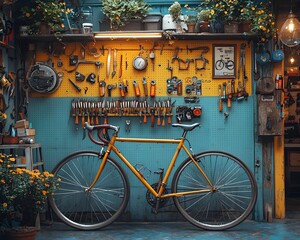 A yellow bicycle is parked in a colorful workshop filled with neatly organized tools on a pegboard wall