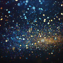 Abstract background with golden glitter particles, dark blue bokeh, soft light, and glowing sparks, creating a festive, elegant, and magical atmosphere. Perfect for digital backdrop, wallpaper, or