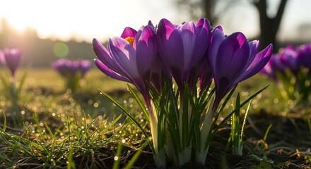 Fototapeta premium Vibrant purple crocuses blooming in a sun-drenched meadow at sunrise, with dew drops on the grass.