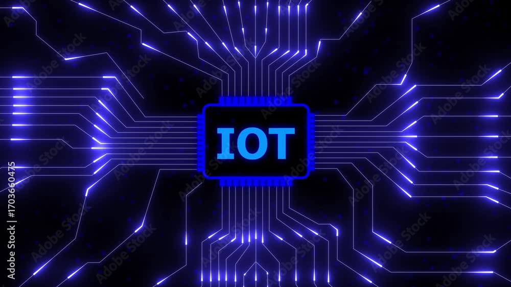 Aufkleber iot circuit board with glowing blue lines and central chip internet technology. futuristic iot netwo