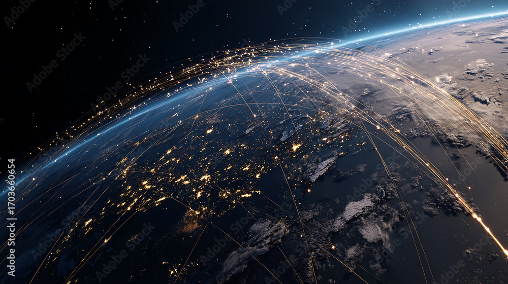 Poster global network connections illuminating earth at night showcasing intricate pathways of communicatio