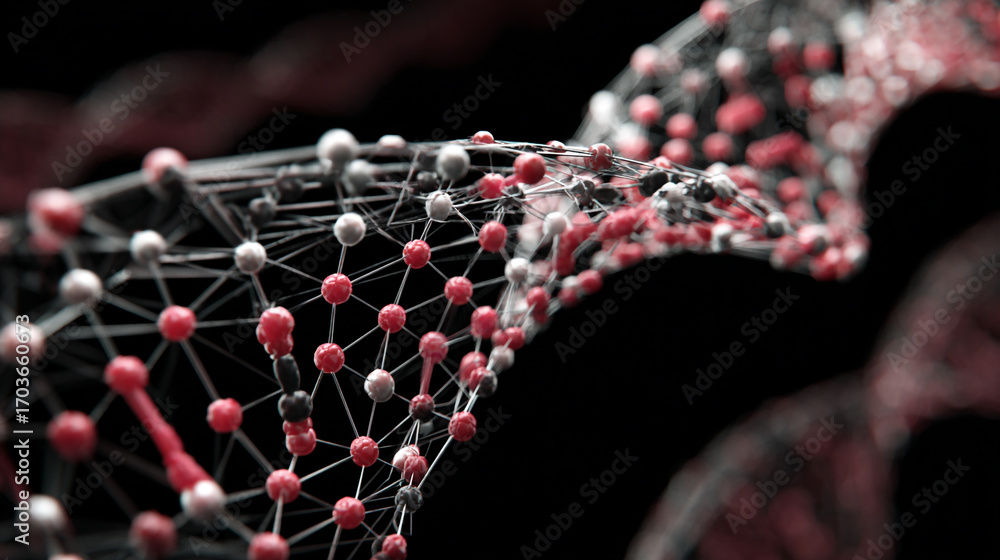 Poster abstract 3d rendering of a dna helix with red and grey spheres connected by thin lines on a black ba