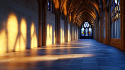 Fototapeta premium High gothic arches cast eerie shadows under dim lighting in a historic night scene.