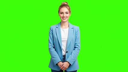 Professional smiling woman in blue blazer standing confidently for corporate designs and marketing ready for compositing on the green screen background for visual effects