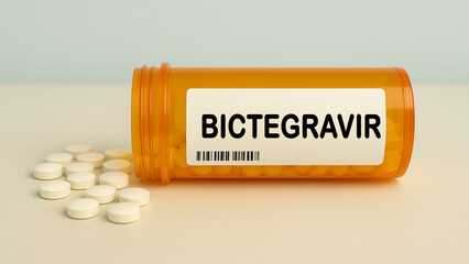 Box of BICTEGRAVIR tablets on a hospital pharmacy table used to treat HIV infection an integrase...
