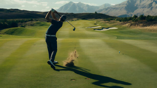 A golfer swings his club on a beautiful green golf course with mountains in the background on a sunny day golf