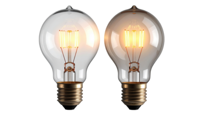 Two vintage-style LED light bulbs, side-by-side, glowing warmly.  One is slightly more translucent