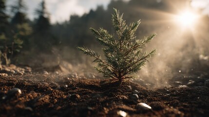 Young Pine tree growing in the fog