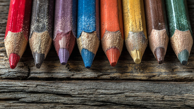 Colored Pencils Arranged on Wooden Background