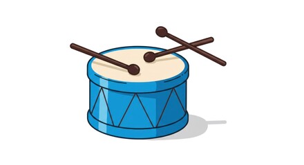 A vibrant blue drum with dark brown drum sticks is presented against a simple white background.