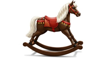 Detailed illustration of a charming rocking horse with a rich brown hue, adorned with a red saddle and decorative accents.