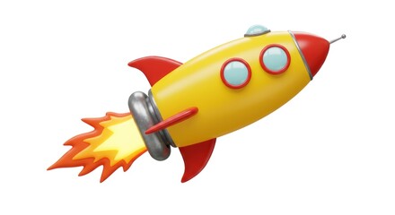 A vibrant yellow cartoon rocket ship with red accents is depicted in a dynamic flight pose, with a prominent fiery exhaust trail against a clean white backdrop.