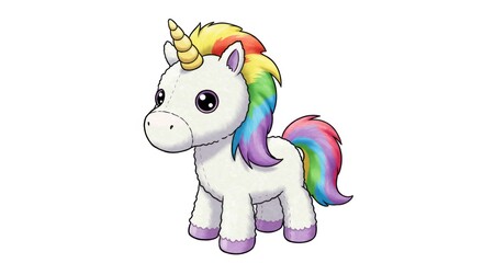 A charming, cartoonish unicorn with a vibrant rainbow mane and tail stands out against a simple white background.