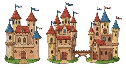 Three charming castles stand proudly against a plain background, each with detailed architectural features and colorful accents.