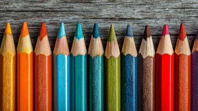 Colored Pencils Arranged on Wooden Background
