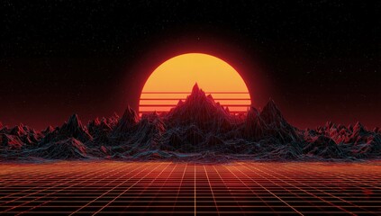 Retro landscape with a large orange sun setting behind a mountain range