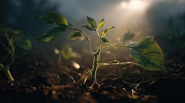 Young Runner bean tree growing in the fog