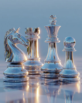Silver Metallic Chess Pieces on Reflective Surface