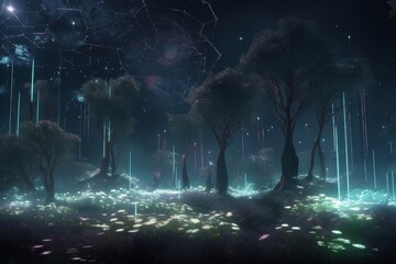 A digital forest with holographic trees, surrounded by floating particles of light 