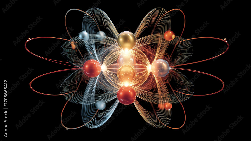 Poster abstract atomic structure colorful spheres orbiting glowing core energy science art