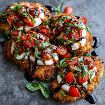 Crispy Chicken Cutlets Topped with Tomato, Fresh Basil, and Mozzarella