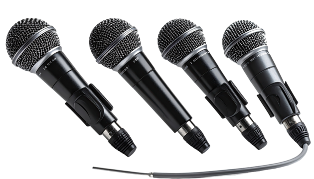 Four microphones of varying sizes, angled, and positioned in a row, against a black background, showing their design elements and cables