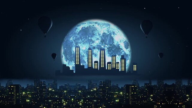  looping animation of a stylized cityscape at night with glowing windows, a large full moon, and hot air balloons. It can be used as a dynamic background