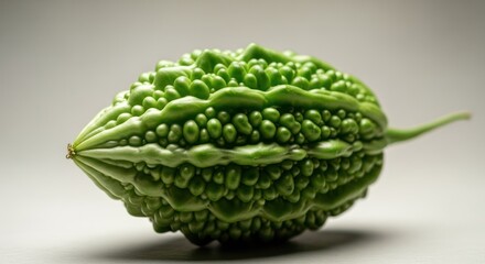 Close-up shot of a fresh, green, bumpy bitter melon vegetable.