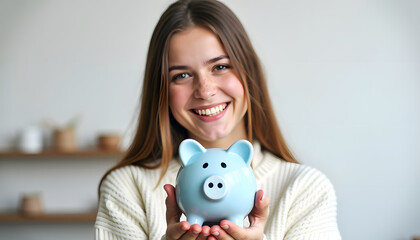 Smiling woman holding a blue piggy bank, symbolizing savings and financial planning.