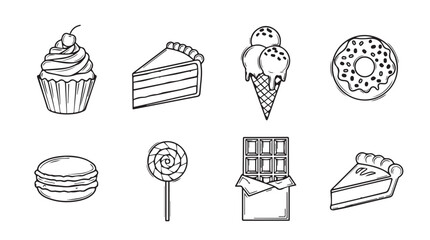 Collection of delicious sweet dessert treats in a charming hand drawn silhouette style