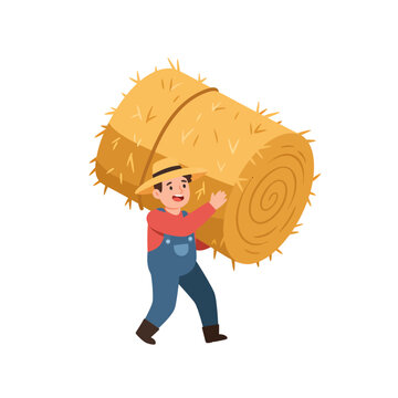 Cheerful cartoon farmer in a straw hat and overalls carrying a large round bale of hay.