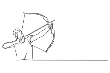 Continuous one line drawing of Man with bow and arrow. Single line drawing illustration of Young archer with arrow. Archery outdoors concept vector art. Doodle line illustration.