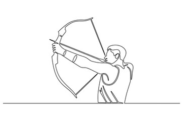 Continuous one line drawing of Man with bow and arrow. Single line drawing illustration of Young archer with arrow. Archery outdoors concept vector art. Doodle line illustration.
