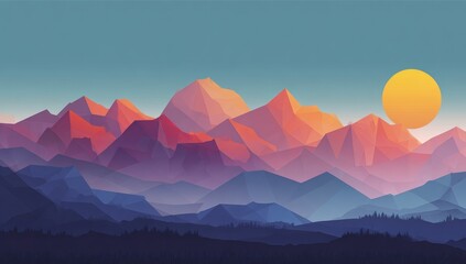 Colorful low-poly mountain range at sunrise