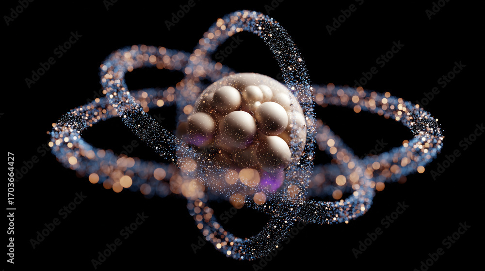 Poster abstract 3d render of spheres and glowing particles swirling in dark space elegant design