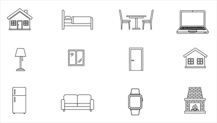 Collection of simple line art icons for home and technology objects house building
