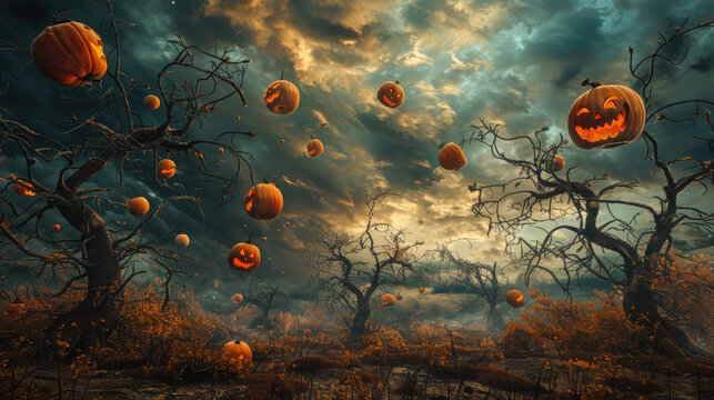 Eerie Halloween scene featuring floating pumpkins, dark trees, and moody sky. atmosphere evokes sense of mystery and spookiness