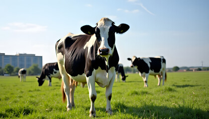 A striking black and white cow stands in a lush green pasture under a bright blue sky.