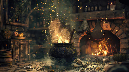 Mystical cauldron bubbles with vibrant flames and sparks in cozy, dimly lit room filled with rustic decor and eerie elements