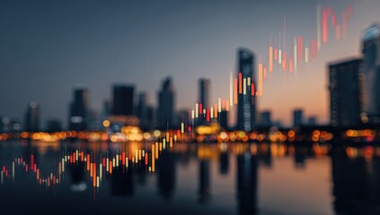 Financial data over city skyline at twilight