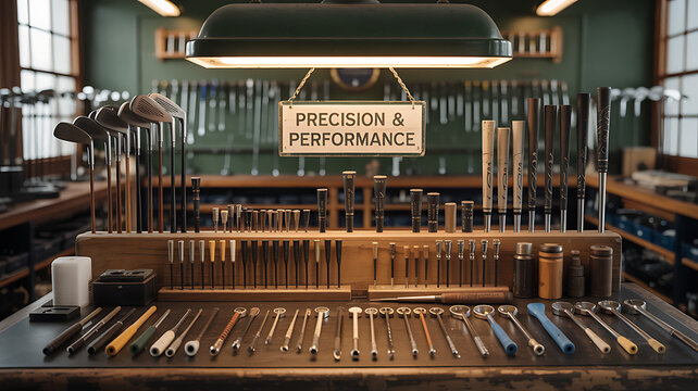 A workshop filled with precision tools and equipment for crafting golf clubs with precision and performance golf