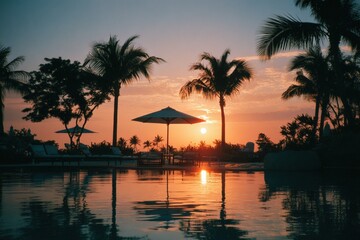 Tropical sunset pool scene