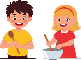 Happy boy and girl cooking together, kids stirring bowl with wooden spoons, children smiling, kitchen activity, playful family cooking moment